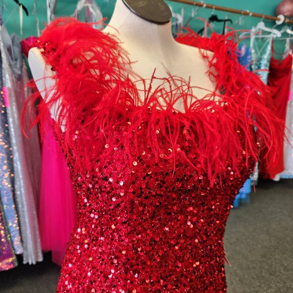 Ed Young 8980 Red Size 18 Sequin/Feather Prom Dress Formal Gown - Picture 4 of 7